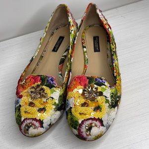 Dolce & Gabbana Multicolor Floral Print Brocade Flat Smoking Slippers Size 38